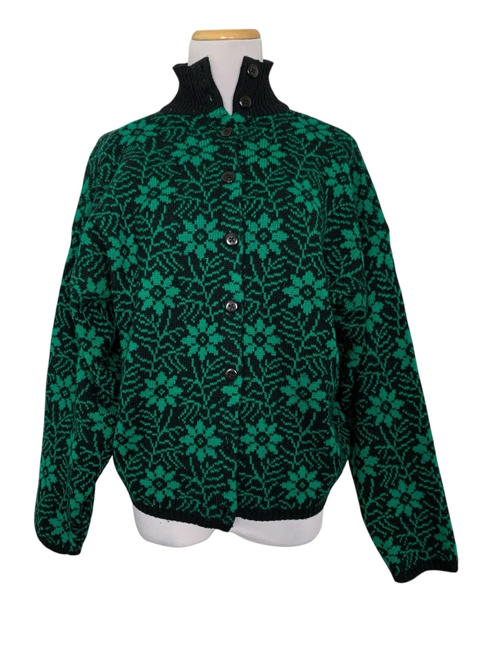 Vintage I. Magnin Green Floral 100% Merino Wool Knit Cardigan Sweater Women’s L